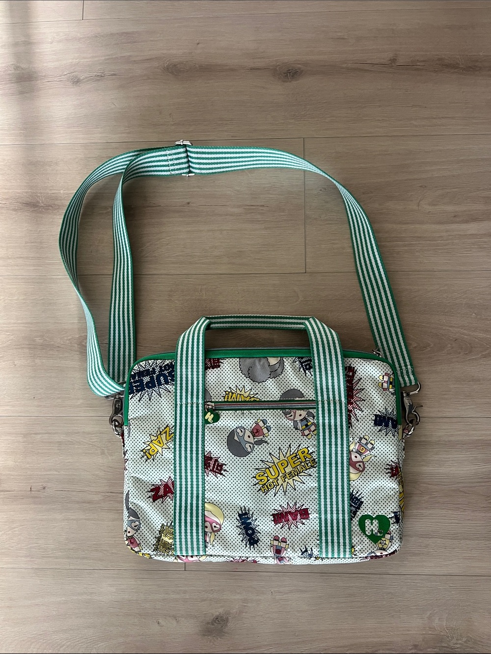 Harajuku Lovers Light Green Striped-Handle Cartoon Crossbody Bag
